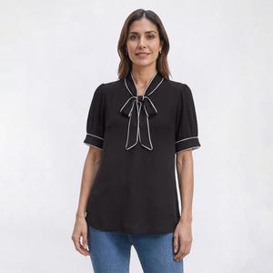 Womens Adrianna Papell Short Puff Sleeve Tipped Tie Neck Blouse